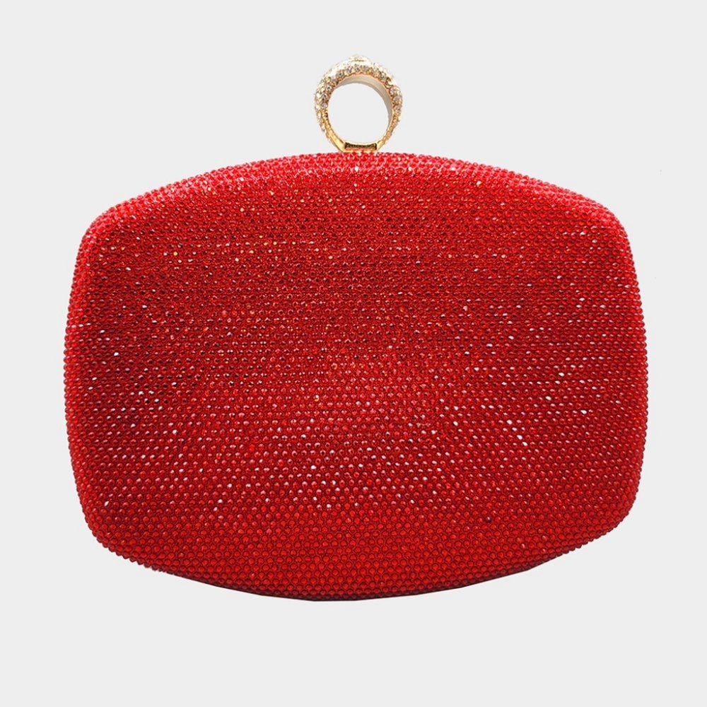 Red Clutch Ring Rhinestone Crystal Purse Bling Cute Formal Evening Crossbody Bag